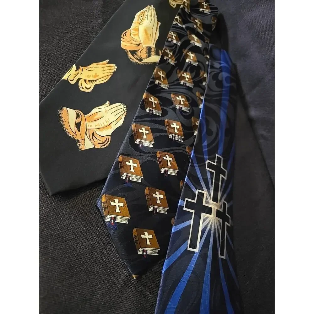 Lot Of 3 Men's Neckties Religious Ties Praying Hands Cross Bible Preacher Pastor